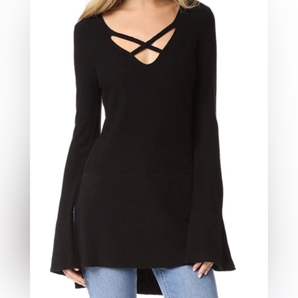 Free People Black V-Neck Criss Cross Tunic Sweater: Medium